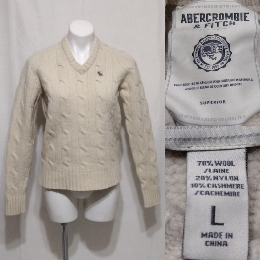 Abercrombie & Fitch Chunky Cable Knit Wool Cashmere Sweater V-Neck Large Preppy